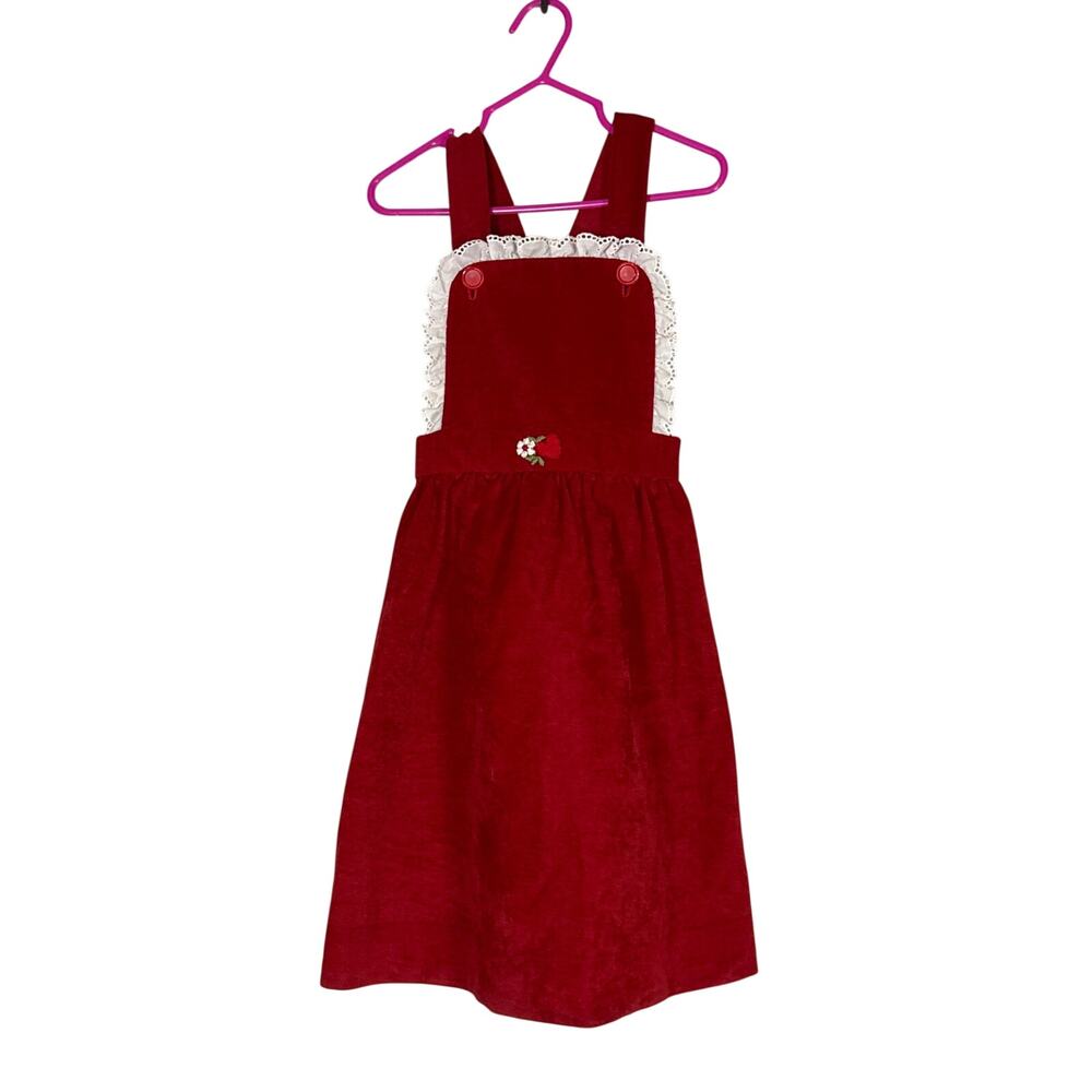 Vintage 80s Red Velvet Jumper Dress Overall Dress Toddler Girls 5T Lace Trim